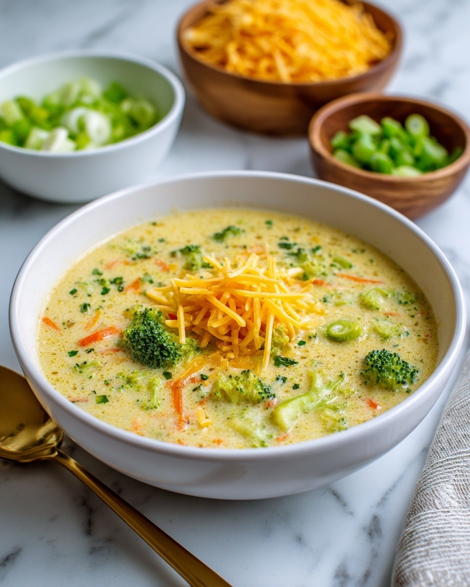 The image shows a white bowl filled with creamy broccoli cheese soup. The soup has a light yellow base with visible pieces of bright green broccoli florets and orange carrot shreds mixed inside. On top of the soup, there is a small pile of shredded yellow cheese and some fresh green herbs sprinkled around. A gold spoon is partly dipped into the soup on the left side of the bowl. In the background, there is a white bowl filled with shredded yellow cheese and a wooden bowl with sliced green onions, all set against a white marbled surface. Photo taken with an iphone --ar 4:5 --v 7