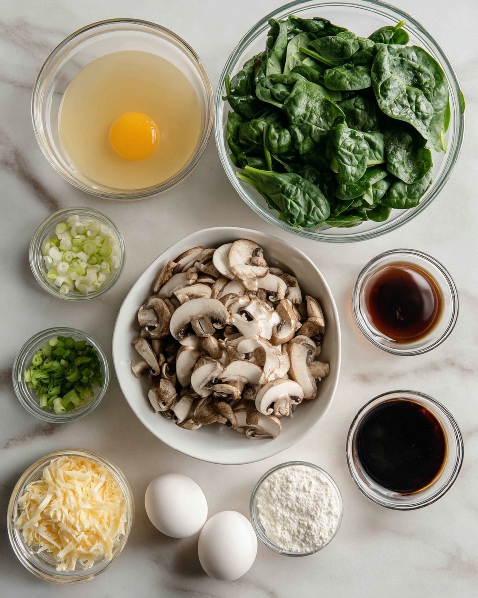 The image shows several clear and white bowls placed on a white marbled surface, each holding different ingredients. In the middle, there is a white bowl filled with many sliced mushrooms, light brown and white in color. Above it, a large clear bowl holds fresh green spinach leaves with some texture visible. To the left side, there are smaller clear bowls containing chopped green onions, grated yellow cheese, and clear liquid. On the top left, a large white bowl contains light yellow broth. On the right side, a small clear bowl contains dark soy sauce. At the bottom right, two white eggs are visible next to a small clear bowl holding white powder, likely flour. Photo taken with an iphone --ar 4:5 --v 7