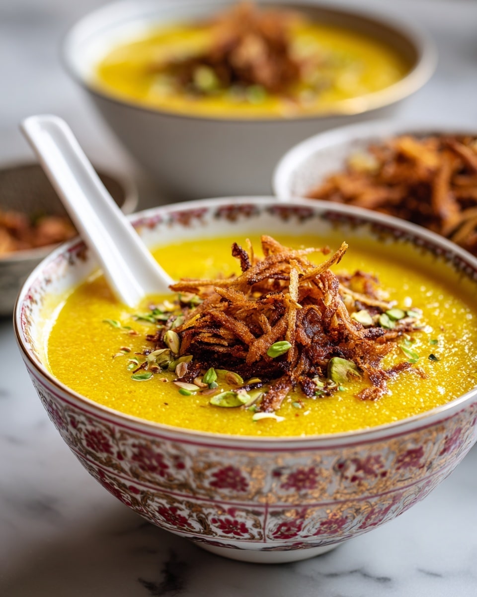 A close-up of a white bowl with colorful red and gold patterns filled with a thick bright yellow soup with a slightly silky texture, topped with crispy brown fried thin pieces and small green garnish bits scattered on top. A white spoon rests inside the bowl on the left side. In the blurry background, there is another bowl with the same yellow soup and a white bowl filled with more crispy fried pieces. All bowls are placed on a white marbled surface. photo taken with an iphone --ar 4:5 --v 7