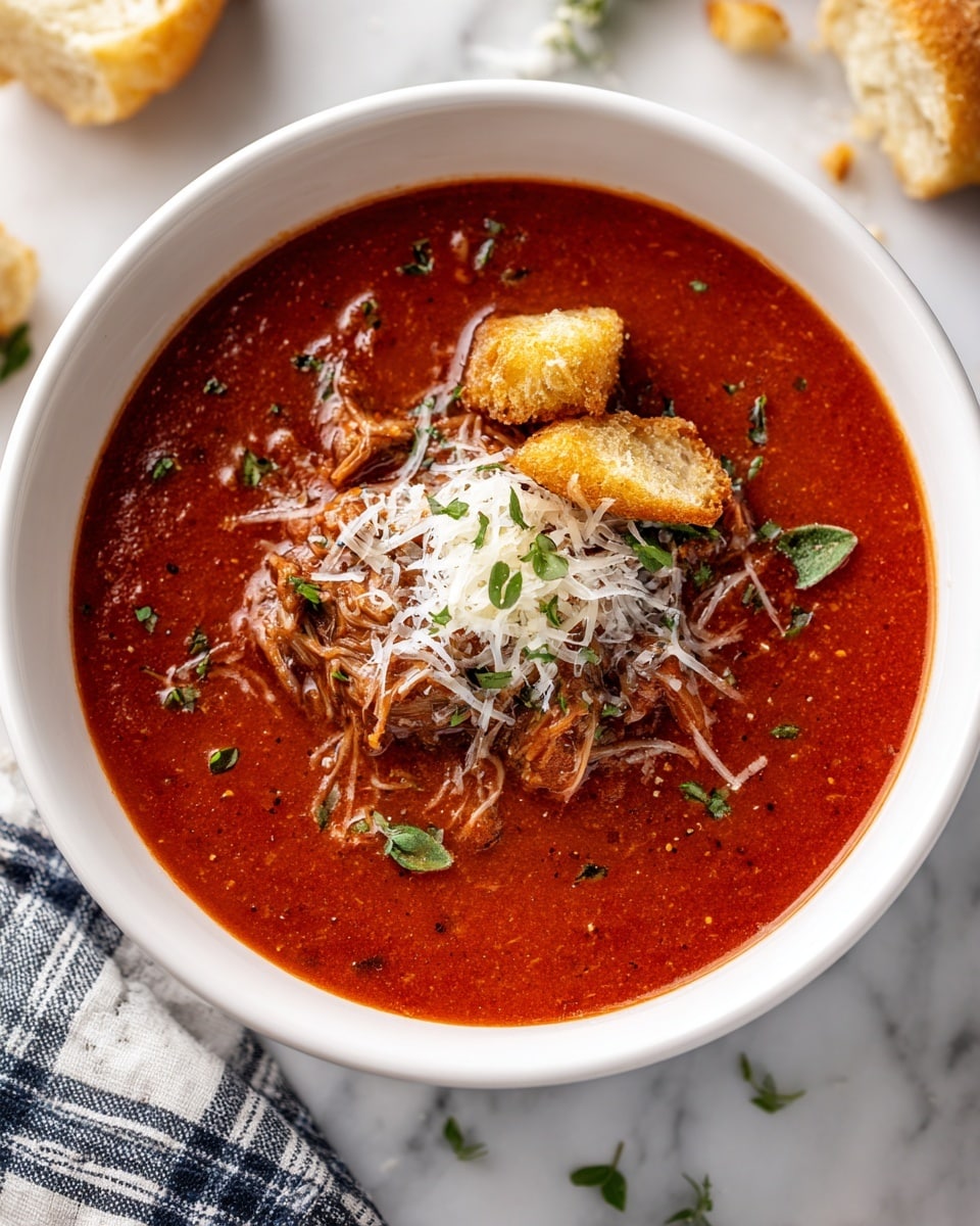 A white bowl filled with thick red tomato soup that has small chunks of meat mixed inside. In the center of the soup, there is a small pile of shredded white cheese, topped with three golden-brown croutons. Tiny green herb pieces are scattered on top for garnish. The bowl is placed on a white marbled surface with a cloth napkin showing a blue and white plaid pattern next to it, and some pieces of bread are visible in the background. Photo taken with an iphone --ar 4:5 --v 7