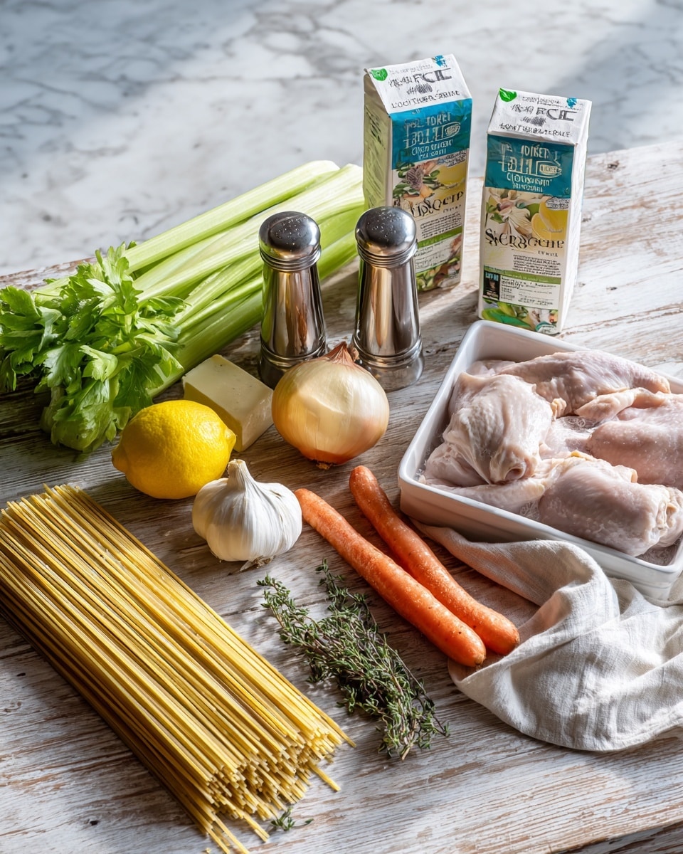 The image shows a variety of cooking ingredients arranged on a light wood surface with a white marbled texture in the background. There are two white packages of Palmini linguine standing upright on the left, followed by a bundle of celery stalks lying down horizontally. In front of the celery are fresh parsley leaves, a bulb of garlic, a stick of butter, a bright yellow lemon, a whole onion, two orange carrots, and a small sprig of thyme. In the middle, two silver salt and pepper grinders are placed side by side. On the right side, there are two cartons of Simple Truth Organic free-range chicken broth standing upright. Next to the broth, a white tray holds raw chicken thighs visible through its transparent cover. A white cloth is partially beneath the tray, completing the arrangement. Photo taken with an iphone --ar 4:5 --v 7