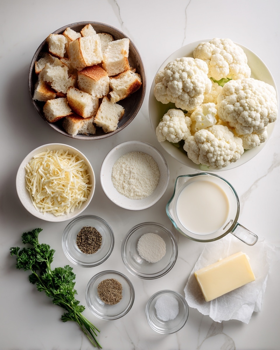 The image shows a white marbled surface with several ingredients arranged neatly. On the right side, there is a white bowl full of cauliflower florets, next to it is a glass measuring cup filled with milk. Below the cauliflower are small clear glass bowls with flour, black pepper, nutmeg, garlic powder, and salt. To the left, there is a dark-rimmed white bowl filled with chunks of bread. Above the bread is a small white bowl filled with shredded cheese, and next to it some fresh green parsley. A small piece of butter wrapped in paper lies near the cauliflower. The setup looks clean and organized, ready for cooking. photo taken with an iphone --ar 4:5 --v 7