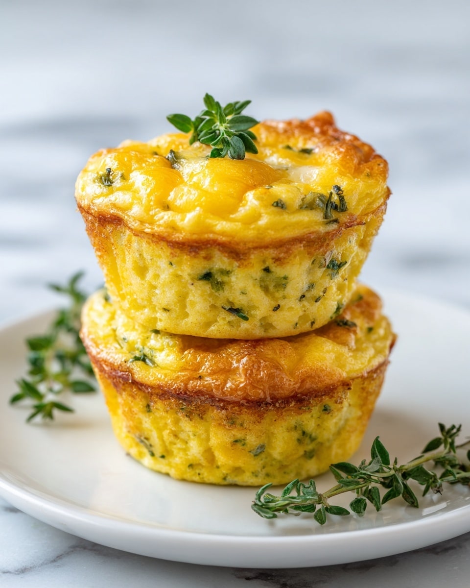 Two yellow egg muffins stacked on top of each other on a white plate. Each muffin has small green pieces inside, likely vegetables or herbs, and a golden cheese layer on top that looks soft and melted. A small green garnish is placed on top of the upper muffin and another green herb sprig is on the plate next to the muffins. The background is a white marbled surface. photo taken with an iphone --ar 4:5 --v 7