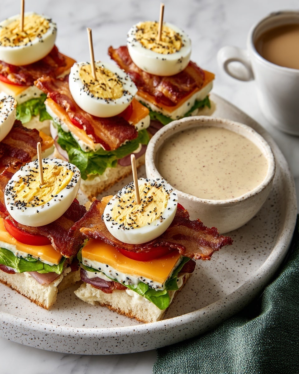 The image shows a white speckled plate holding several layered mini sandwiches made with halved hard-boiled eggs as the top and bottom layers, sprinkled with black and white sesame seeds and cracked pepper. Each sandwich has three inner layers: a piece of crispy bacon, a slice of bright orange cheese, a slice of red tomato, and a fresh green leaf of lettuce. Some sandwiches are held together with a wooden toothpick. Next to the sandwiches is a pale bowl filled with a grainy beige sauce that looks creamy. The plate is placed on a white marbled surface with a green cloth partially visible nearby. Photo taken with an iphone --ar 4:5 --v 7