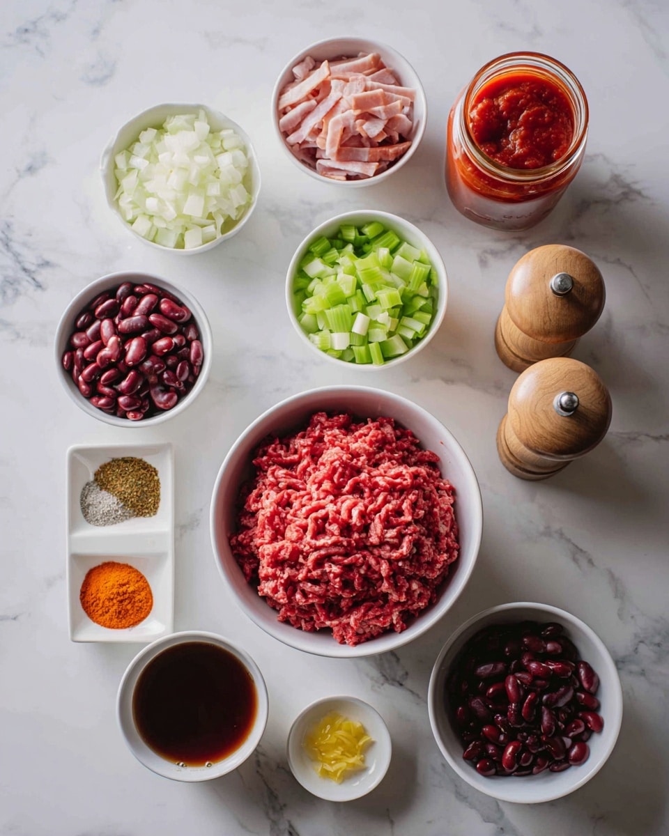 The image shows various ingredients for a meal arranged on a white marbled surface. In the center, there is a white bowl filled with bright red ground meat with a stringy texture. Around it are multiple small white bowls holding different ingredients: one with pale chopped onions, another with light pink slices of bacon, a third with chopped green celery, and a fourth with dark red kidney beans. There is a small white dish with several spices in warm colors including orange, yellow, and red. Two smaller bowls contain a dark brown liquid and a small amount of yellow minced garlic. Also present is a jar of red tomato sauce and a wooden pepper grinder. The setup is well-lit and clear, showing the fresh and varied textures of the ingredients photo taken with an iphone --ar 4:5 --v 7
