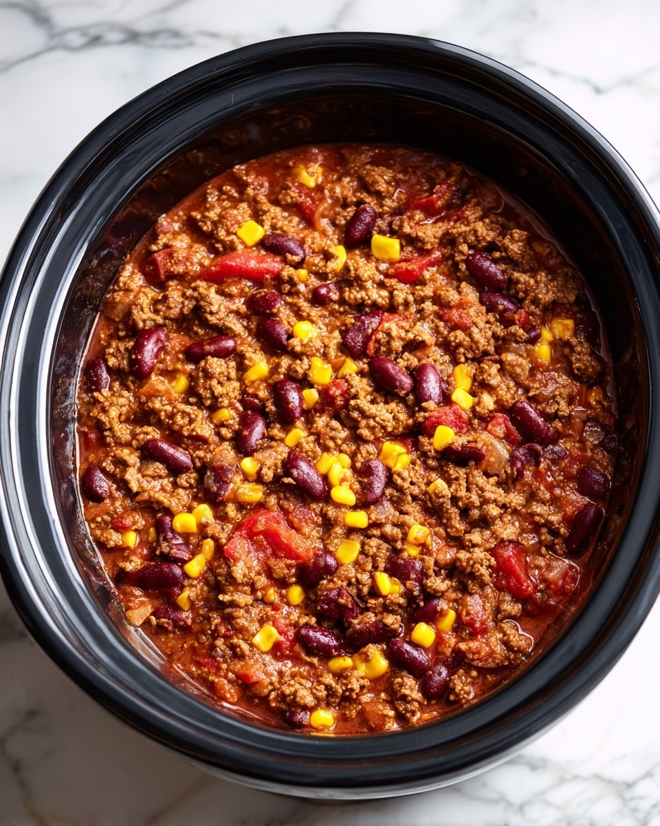 A thick mix of chili with visible layers of brown cooked ground meat, dark red kidney beans, yellow corn kernels, small red tomato pieces, and bits of translucent cooked onion, all inside a black slow cooker pot, showing a somewhat chunky and moist texture with a rich reddish-brown sauce coating the ingredients. The black pot contrasts with the white marbled surface underneath. photo taken with an iphone --ar 4:5 --v 7