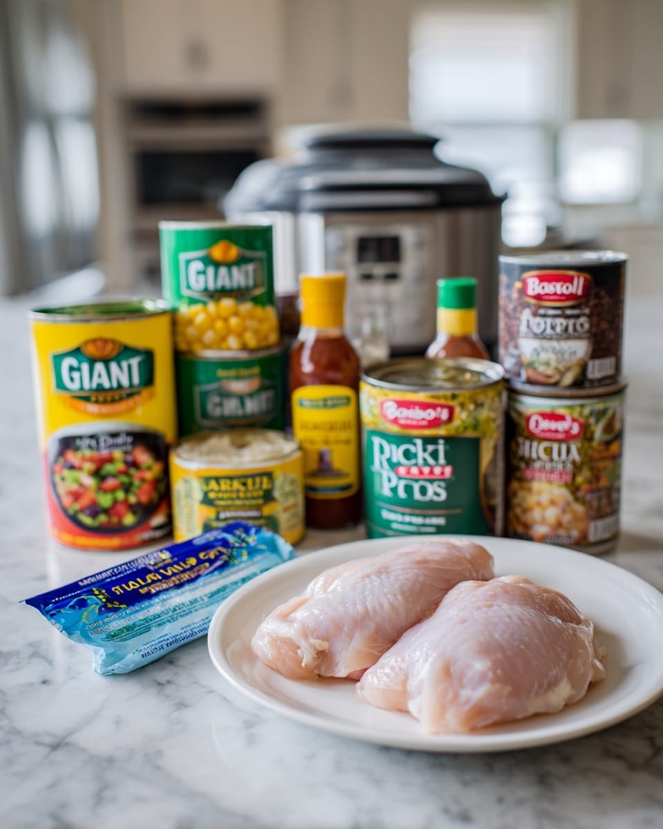 The image shows a white plate with two raw chicken pieces on it in the front right side. Behind the plate are various ingredients lined up: a green Giant yellow corn can, a Bush's black beans can, a Ro*Tel diced tomato and green chili can, a small bottle of chili powder, a small bottle of cumin seed, and a small bottle of onion powder. There is also a stick of butter in paper wrapping and a small blue packet of Hidden Valley Ranch seasoning mix. All items are arranged on a white marbled surface with a silver slow cooker and kitchen cabinets blurred in the background. Photo taken with an iphone --ar 4:5 --v 7