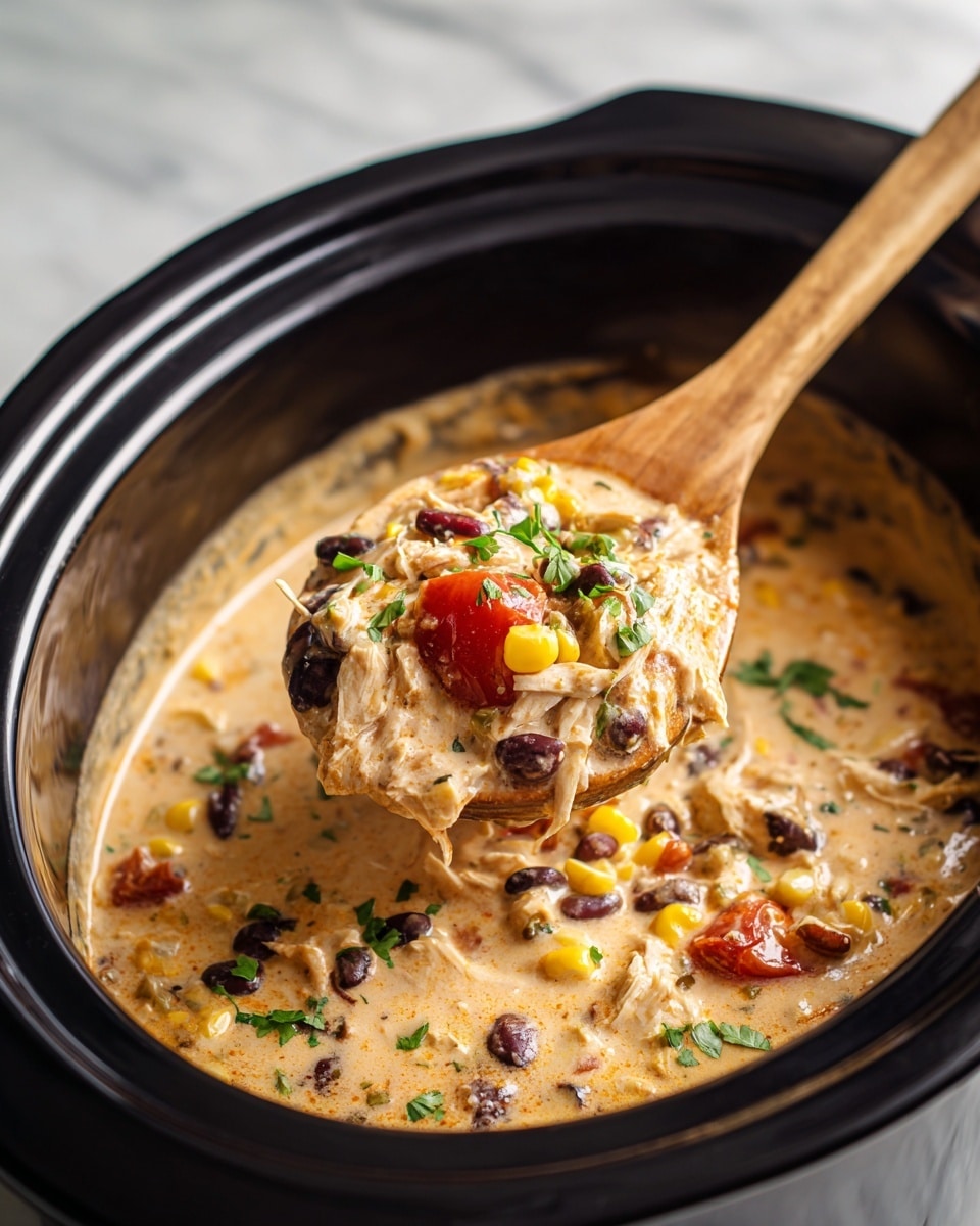 A close-up view of a creamy dish inside a black slow cooker, showing one layer of thick sauce mixed with shredded chicken pieces, black beans, corn kernels, and small chunks of red tomatoes, all garnished with small bits of fresh green herbs. A wooden spoon is lifting a scoop of the mixture, highlighting the varied textures and colors against the creamy light brown sauce. The background is a white marbled texture photo taken with an iphone --ar 4:5 --v 7