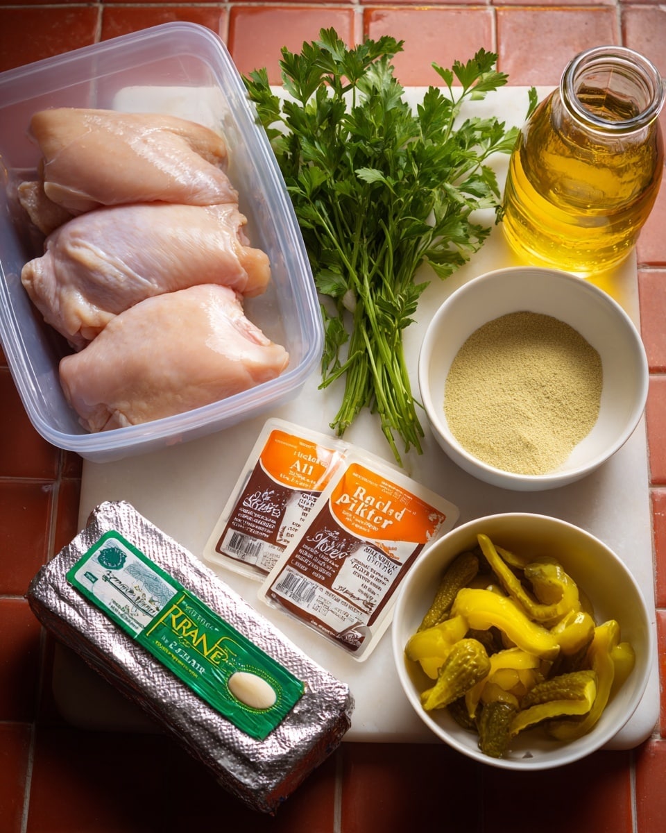 The image shows three raw chicken pieces laid flat inside a clear plastic container on the bottom left. To the right of the container are several fresh green parsley sprigs with leafy texture. Below the parsley, a white bowl contains pale yellow spice powder. Next to it on the right is a glass jar filled with golden yellow liquid, likely oil. Below that is a stick of unsalted butter wrapped in foil paper with orange text on the wrapper, placed on the white marbled surface. On the bottom left, two seasoning packets, one green and white labeled