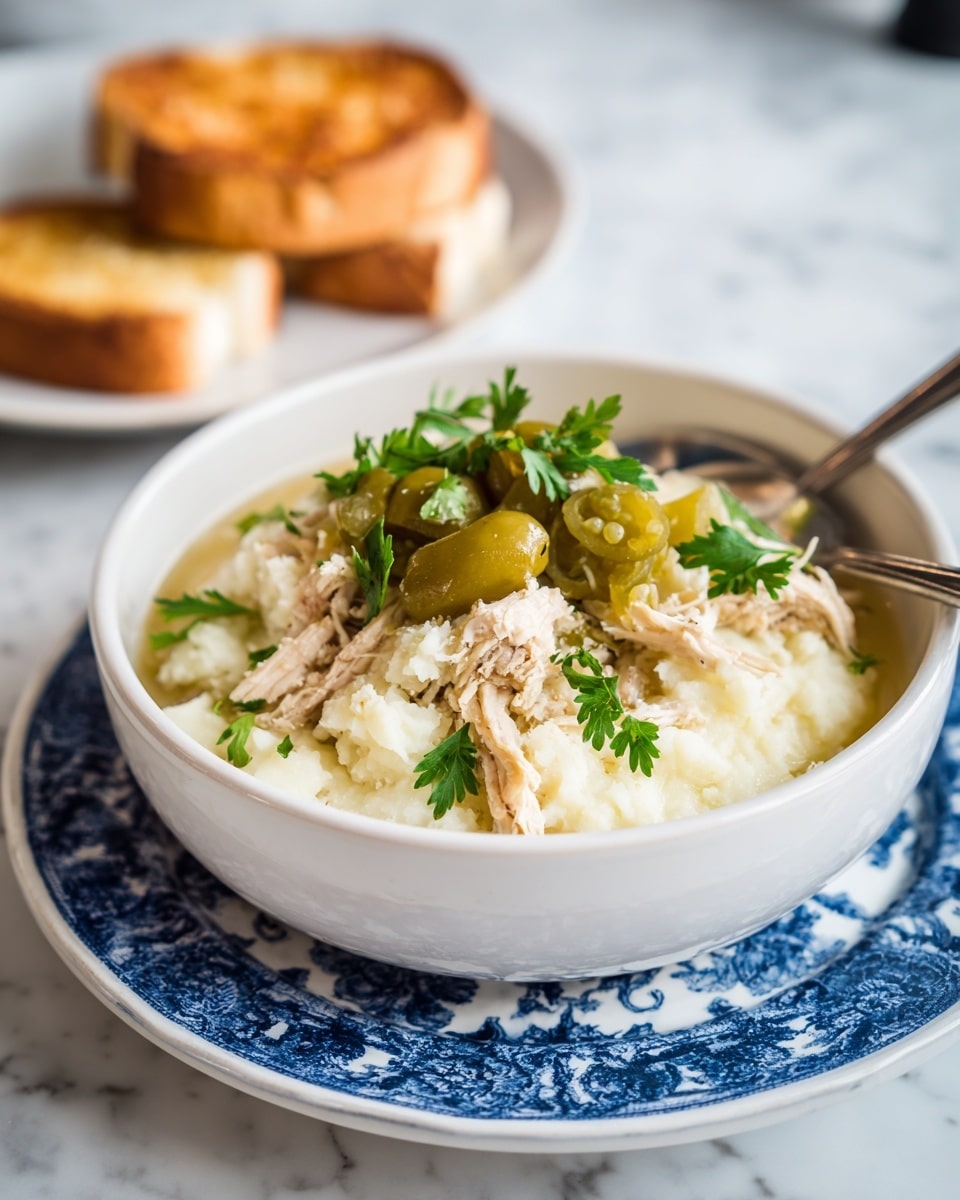 A white bowl sitting on a blue and white patterned plate filled with a base layer of creamy white mashed potatoes, topped with shredded light brown cooked chicken mixed with three whole bright green pickled peppers and scattered small fresh green parsley leaves. A silver spoon rests inside the bowl on the right side. In the background, there is a white plate holding two pieces of golden toasted bread. The scene is set on a white marbled surface. photo taken with an iphone --ar 4:5 --v 7