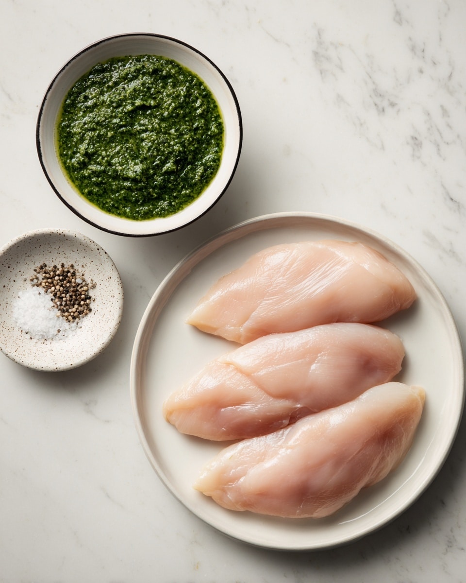 A white plate holds four smooth, pale pink raw chicken fillets neatly arranged side by side. Above it, a bowl with a thin black rim contains a thick, textured green pesto sauce. To the left of the bowl, a small white dish with speckles holds a small pile of salt and black pepper. All items are placed on a white marbled surface. Photo taken with an iphone --ar 4:5 --v 7