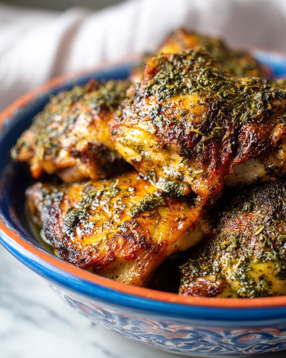 A blue bowl with an orange rim holds a stack of several pieces of cooked chicken thighs. Each piece is covered with a coarse, dark green herb and spice mix that adds texture on top. The chicken skin looks slightly browned and shiny with some oil pooling at the bottom. The bowl sits on a white marbled surface, and in the blurry background, a white cloth and some silverware can be seen. The overall image focuses closely on the top layer of the chicken pieces, showing details of the seasoning and texture. photo taken with an iphone --ar 4:5 --v 7