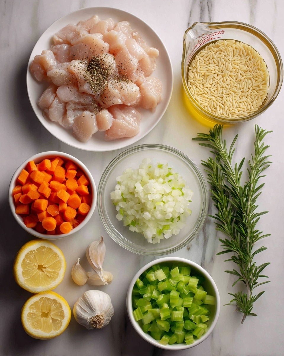 The image shows a white plate filled with raw chicken pieces, sprinkled lightly with black pepper on the top left. Below the plate, there is a bowl of bright orange chopped carrots, and next to it on the bottom right, a bowl of light green chopped celery. Above the carrots, there is a glass bowl filled with finely chopped white onions, centered in the image. Near the onions, fresh rosemary sprigs and three peeled garlic cloves sit on a white marbled surface, with a lemon half, cut side up, and fresh green parsley to the right. On the top right side of the image, a clear glass bowl of uncooked orzo pasta is placed near a small glass container of golden olive oil, and behind it, a measuring cup filled with amber chicken broth. All items are arranged neatly on a white marbled surface photo taken with an iphone --ar 4:5 --v 7