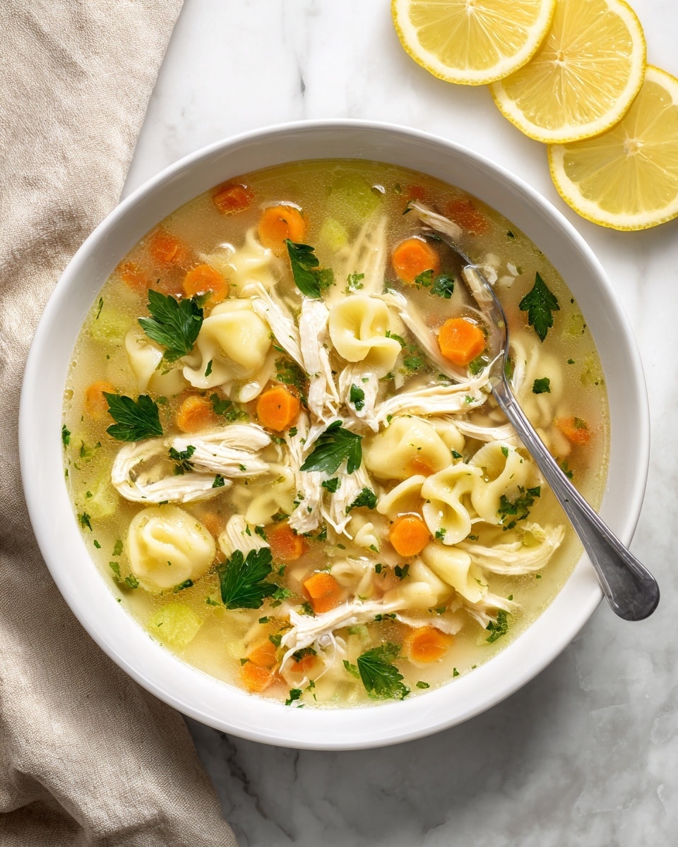 A white bowl filled with chicken soup showing shredded white chicken pieces layered with small orange carrot cubes and light green celery bits, mixed in a clear broth with small pasta pieces that are pale yellow. Garnished with green parsley leaves and two lemon slices placed on the upper left side of the soup. A silver spoon rests inside the bowl on the right side, slightly lifting some soup. The bowl sits on a white marbled surface, with a beige towel on the left and two lemon halves visible at the top edge. photo taken with an iphone --ar 4:5 --v 7