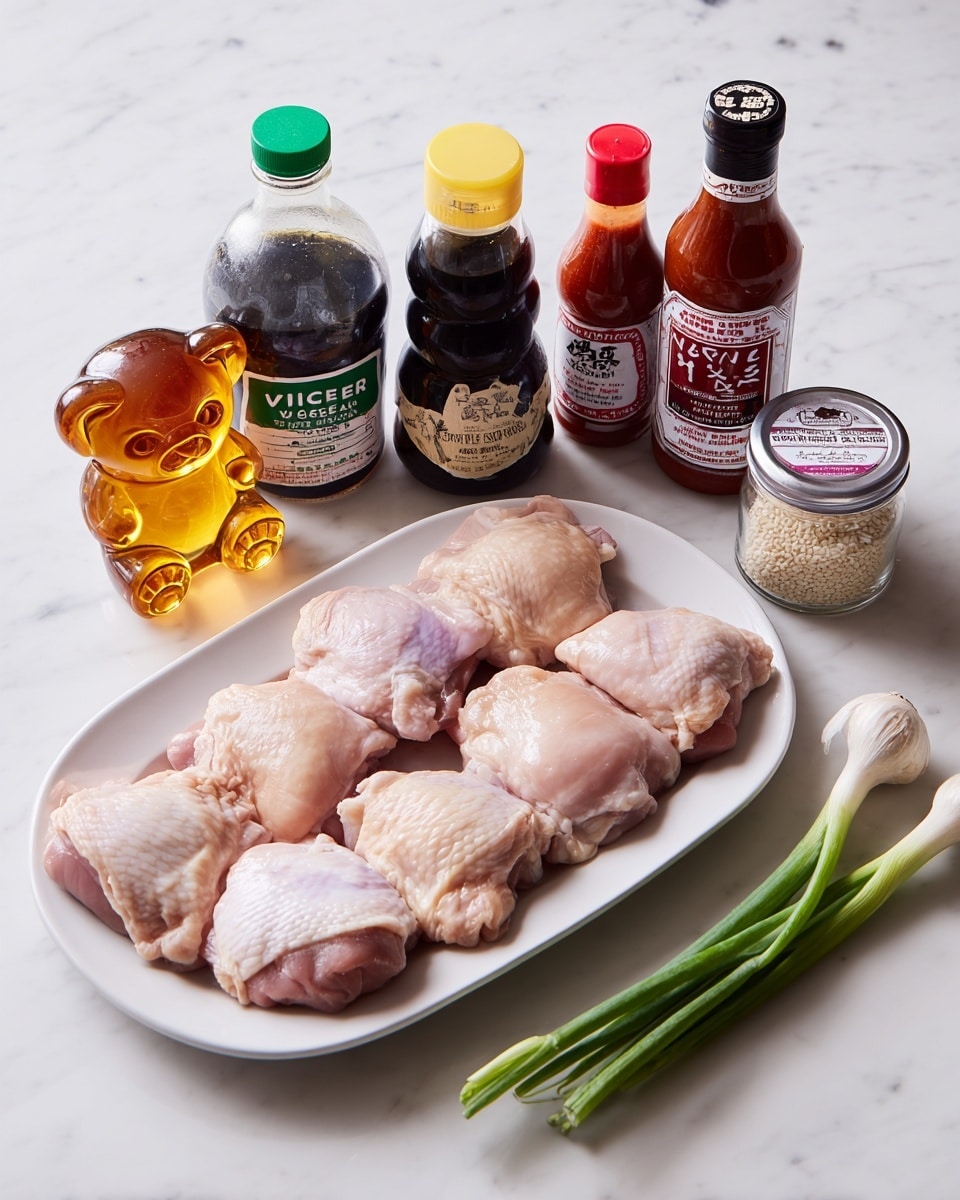 A white oval plate holds eight pieces of raw chicken thighs arranged closely in two rows, showing smooth, light pink skin and some white fat. Above the plate are seven bottles and jars lined up in a row: from left to right, a clear bottle with green cap labeled rice vinegar, a dark brown bottle of soy sauce, a clear bear-shaped bottle of raw honey with a yellow cap, a tall bottle of dark sesame oil, a ketchup bottle with a white cap and red label, a clear bottle of sriracha hot sauce with a green cap, and a small jar of white sesame seeds with a white lid. On the far right are three green onions lying side by side and a small garlic bulb next to a piece of ginger. The whole setup is on a white marbled surface. Photo taken with an iphone --ar 4:5 --v 7
