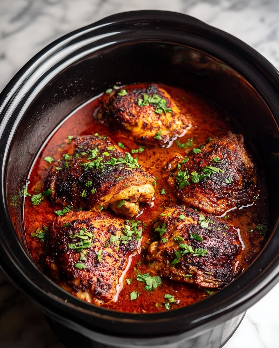 The image shows four pieces of dark brown, crispy cooked chicken thighs, some with a charred texture, sitting in a rich reddish-brown sauce with a glossy finish inside a black slow cooker. The chicken pieces are sprinkled with small bits of fresh green herbs scattered evenly across the top, adding color contrast. The sauce partially surrounds the chicken, pooling around the edges. The inside of the slow cooker reflects a shiny black surface around the food. The photo is taken on a white marbled surface. photo taken with an iphone --ar 4:5 --v 7