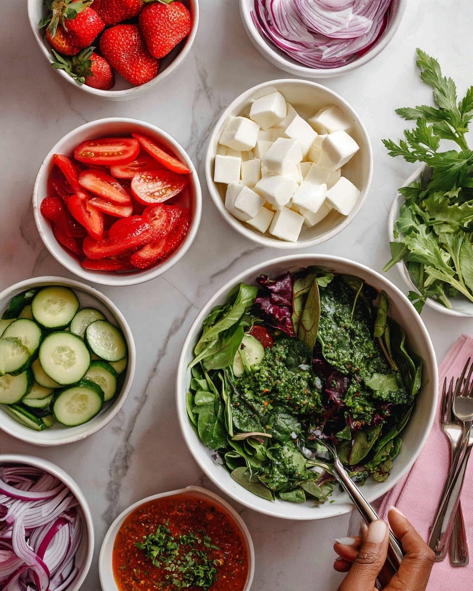 The image shows a top view of several white bowls arranged on a white marbled surface. The largest bowl on the right holds a mix of fresh, green leafy vegetables layered with different shades and textures of spinach and other greens. Surrounding this bowl are smaller white bowls: one with sliced red strawberries garnished with parsley, another with halved bright red cherry tomatoes, one with cucumber slices, and another with thinly sliced red onions. A bowl near the top center contains a red sauce with visible herbs, and to the right of this is a small bowl filled with white cubed cheese. A sprig of parsley lies beside the bowls, and a woman's hand is partly visible holding a fork and knife on a pink napkin at the bottom right corner. The photo taken with an iphone --ar 4:5 --v 7