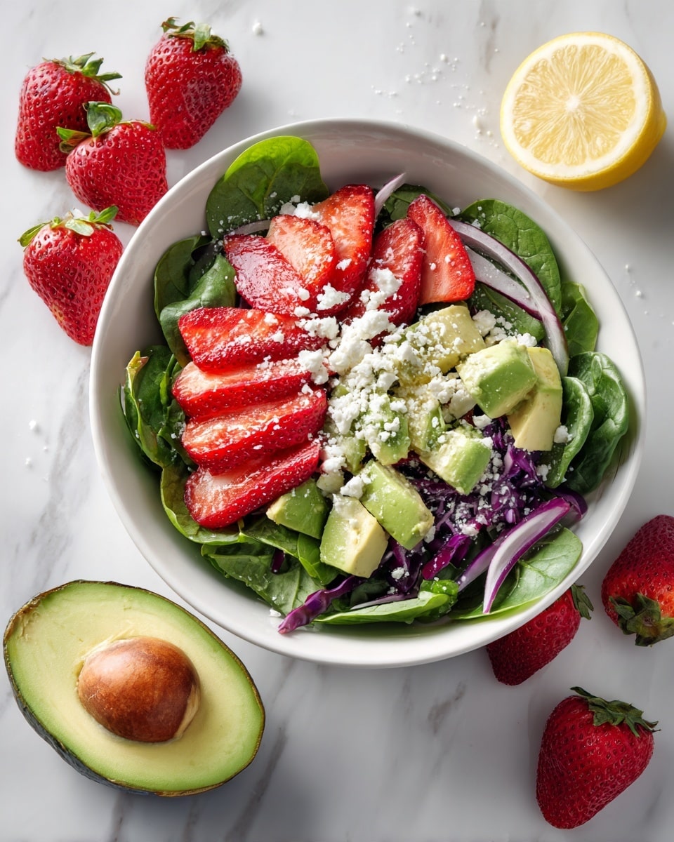 In a white bowl on a white marbled surface, there is a colorful salad made of green spinach leaves as the base layer, topped with bright red strawberry slices, light green avocado chunks, and thin strips of purple cabbage. The salad is sprinkled with white crumbled cheese. Around the bowl, there are whole strawberries, a halved avocado showing its seed, and a lemon wedge partly visible at the bowl’s edge. Photo taken with an iphone --ar 4:5 --v 7
