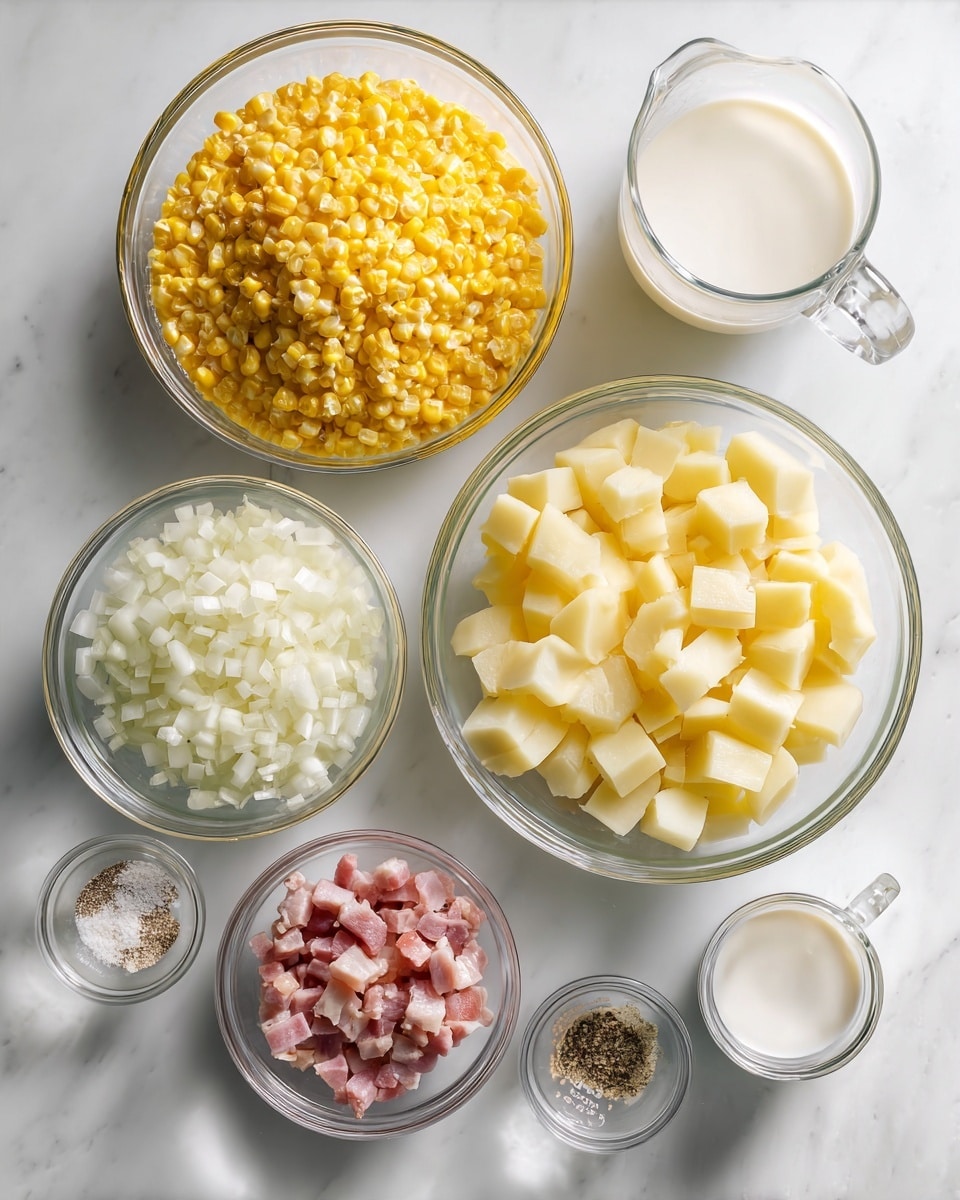 The image shows eight clear glass bowls and measuring cups arranged on a white marbled surface. In the top left is a bowl of crushed yellow corn, with a thick, mushy texture. Below it is a bowl filled with finely chopped white onions, shining slightly in the light. To the right of the onions is a larger bowl of diced pale yellow potatoes, cut into small cubes. Beneath the potatoes is a small bowl containing small pieces of raw pink and white bacon. To the right of the bacon are two tiny bowls with salt and ground black pepper, showing fine white grains and speckled black texture respectively. At the top right corner are two glass measuring cups, one filled with clear water and the other with creamy white milk. The whole setup gives a clean and organized look. photo taken with an iphone --ar 4:5 --v 7