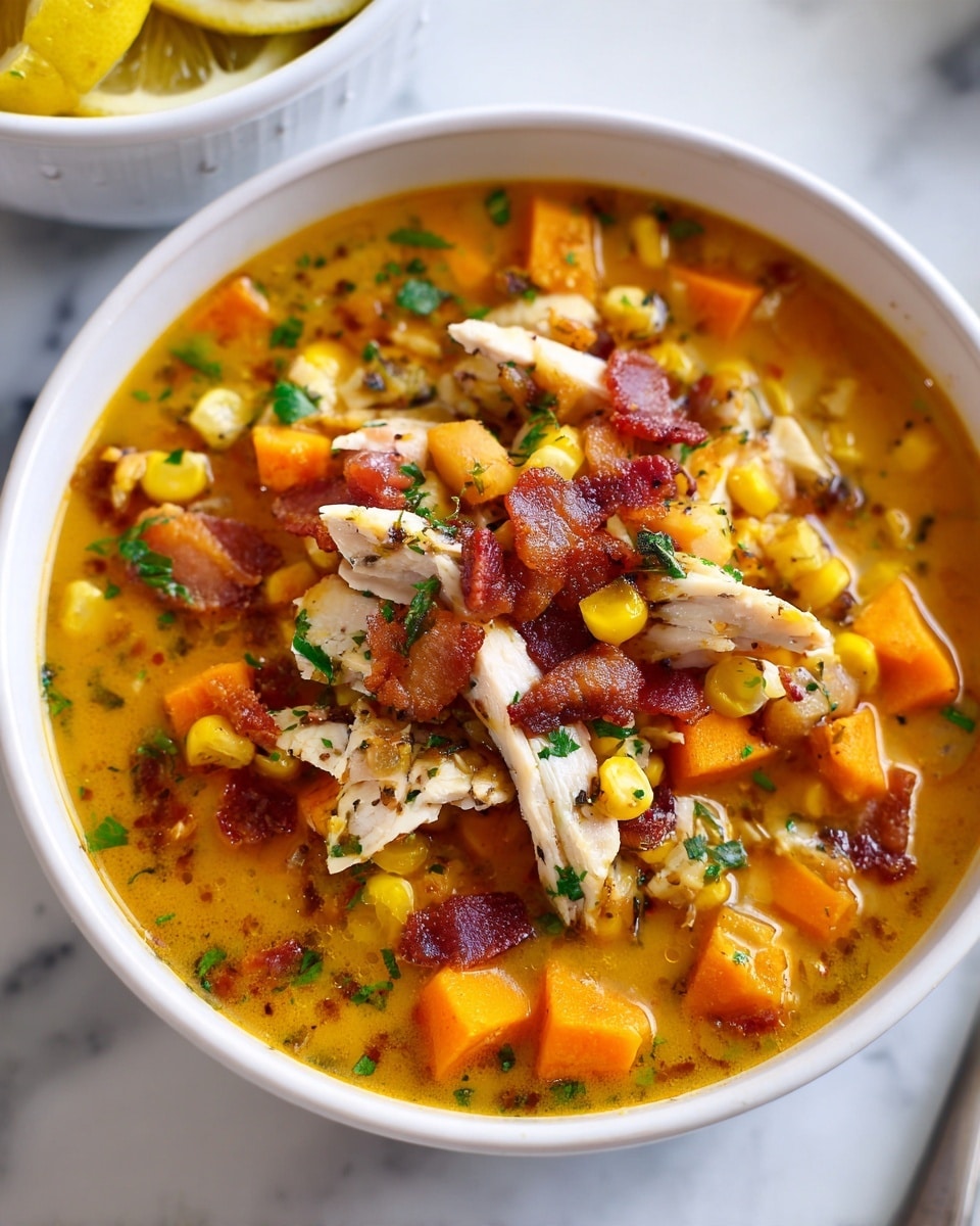 A white bowl filled with bright orange broth with soft, chunky sweet potato pieces and golden yellow corn kernels mixed inside. Large, tender white chicken pieces rest on top, scattered with crispy reddish-brown bacon strips and small green herb bits. The soup's surface has a slight shine from the broth, and the bowl sits on a white marbled surface with part of another white bowl containing lemon slices visible in the background. Photo taken with an iphone --ar 4:5 --v 7