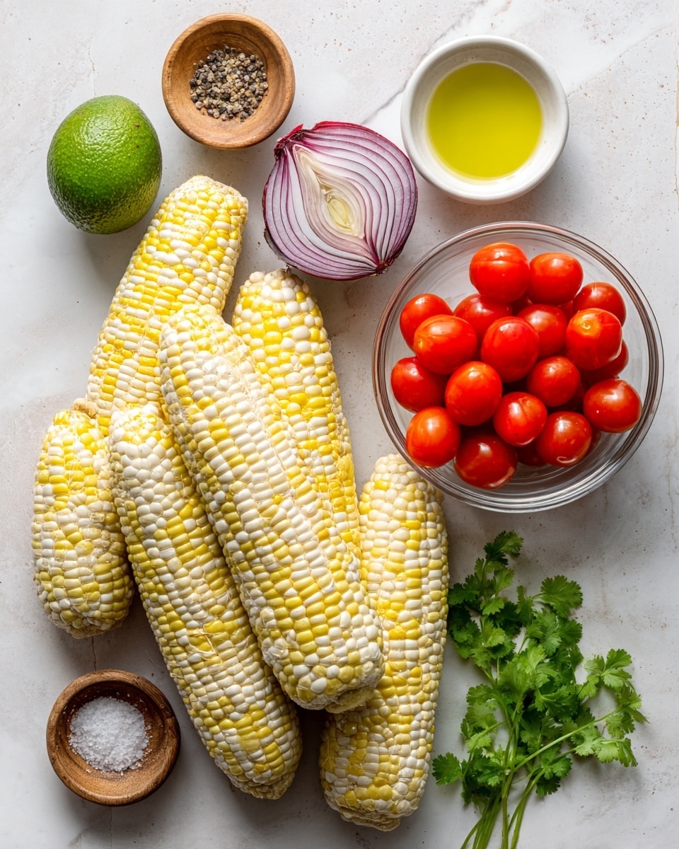 The image shows six ears of yellow and white corn lying on a white marbled surface, slightly overlapping each other. To the right, there is a clear glass bowl filled with bright red grape tomatoes. Above the corn, a half red onion with visible layers rests near a small white bowl of green cilantro leaves and a smaller white bowl containing golden olive oil. To the left of the onion, a ripe avocado with dark green textured skin and a whole lime sit next to a small wooden bowl holding coarse salt and black pepper. The overall scene is brightly lit with natural light, creating a fresh and clean feel. photo taken with an iphone --ar 4:5 --v 7