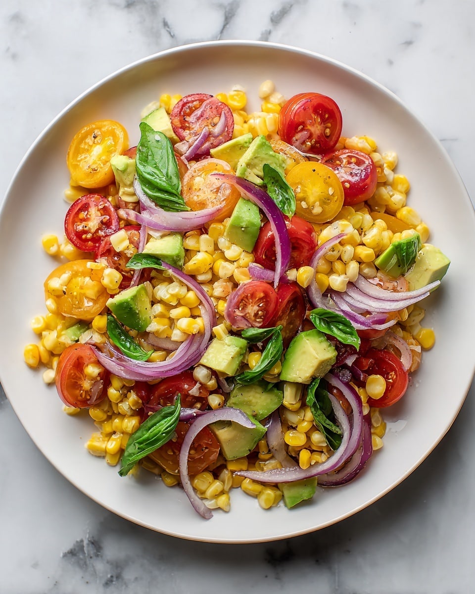 The image shows a white plate filled with a colorful salad. The base layer is small yellow corn kernels scattered all over the plate. Mixed with the corn, there are bright red cherry tomatoes, some whole and some sliced in half, spread evenly. Thin slices of purple onion are spread throughout the salad, adding a light purple color. Small green pieces of avocado are placed in different spots, and dark green basil leaves are scattered on top, providing contrast. The textures include the smoothness of tomatoes, softness of avocado, and the slight crunch of corn and onions. The plate sits on a white marbled surface. Photo taken with an iphone --ar 4:5 --v 7