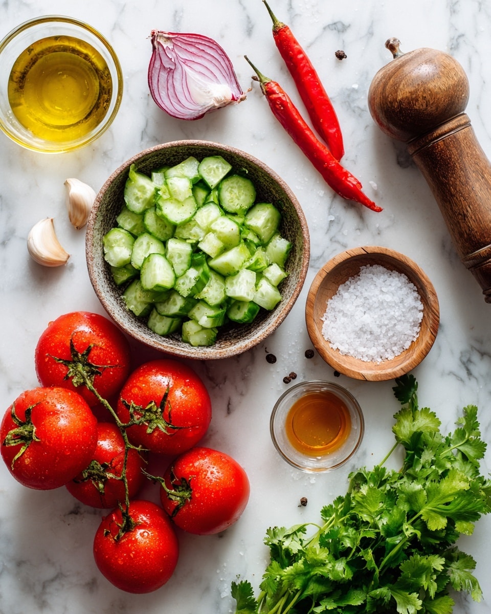 The image shows fresh ingredients laid out on a white marbled surface, including a bunch of red tomatoes with green stems on the bottom left, a bowl in the center filled with peeled cucumber pieces in light green, two whole red chili peppers above the bowl, a cut red onion half on the top left, and three garlic cloves near the bottom center. There is a small wooden bowl filled with coarse salt and a wooden pepper grinder to the upper right of the cucumber bowl. A glass container with golden olive oil is near the top left, and a small glass bowl with a light brown liquid, likely vinegar, sits below the salt. Fresh bright green cilantro leaves are spread on the bottom right side. The scene is bright and fresh, arranged neatly. photo taken with an iphone --ar 4:5 --v 7