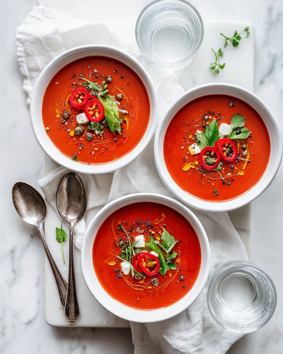 Three white bowls with smooth red soup inside are arranged on a white marbled surface, each topped with two slices of red chili, small white cubes, green herbs, small dark green capers, and drops of golden olive oil, with a sprinkle of black pepper. The soups are placed on a rectangular white board with a white cloth underneath. Two silver spoons lie near the bowls, and two clear glasses filled with water sit on the right side, adding a fresh look. The scene is bright and clean. photo taken with an iphone --ar 4:5 --v 7