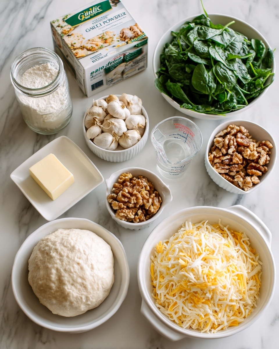 The image shows a white marbled surface with several white bowls and containers arranged neatly. From left to right, there's a clear jar with a silver lid labeled