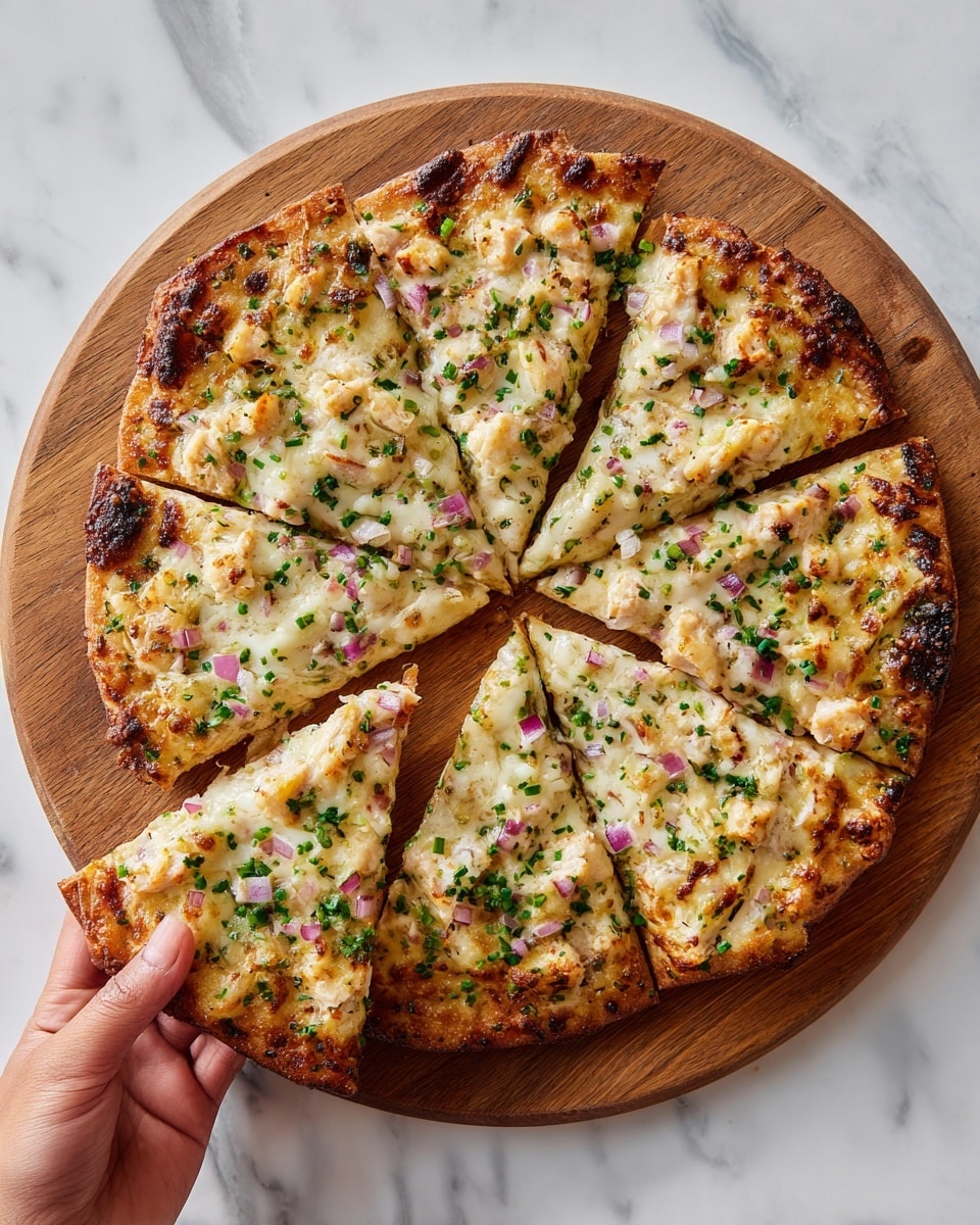 A round pizza cut into six slices is shown on a wooden board placed on a white marbled surface. The pizza has a golden-brown crust with slight char marks. The top layer is melted cheese that is slightly browned in spots, with small chopped pieces of cooked chicken and finely chopped green herbs scattered evenly across the pizza. Some small bits of purple onion are also visible under the cheese. A woman's hand is holding one slice, lifting it slightly from the wooden board. Photo taken with an iphone --ar 4:5 --v 7