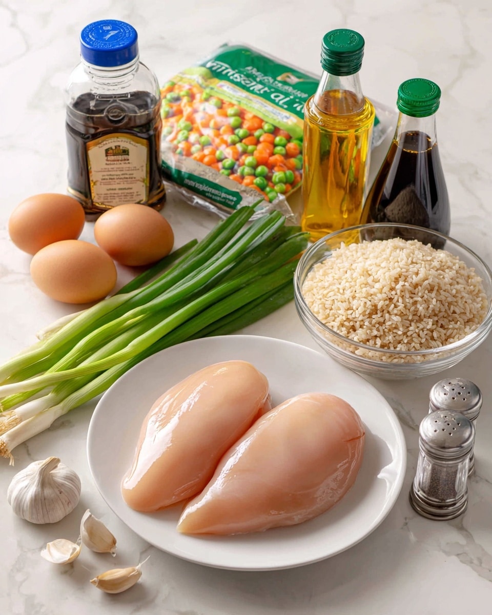 The image shows ingredients arranged on a white marbled surface. In the center, there is a white plate with two raw chicken breasts, smooth and pale pink in color. To the left are two whole brown eggs and four green onions with long green leaves and white bulbs. Behind them is a large bottle of vegetable oil with a blue cap and a package of frozen peas and carrots with green and orange pieces visible on the bag. To the right of the chicken, there are two glass bottles, one with dark soy sauce and a green cap, and the other with light brown sesame seed oil and a yellow cap. Further right is a clear glass bowl filled with cooked brown rice, showing firm grains. Next to the bowl are two peeled garlic cloves and a small clear salt and pepper grinder. Photo taken with an iphone --ar 4:5 --v 7