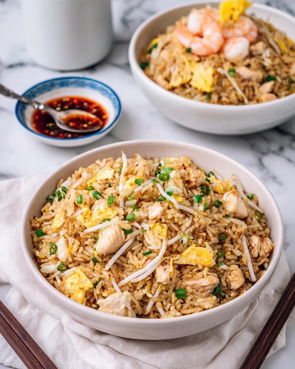The image shows two bowls of fried rice placed on a white marbled surface with a white cloth underneath. The front dish is a bowl filled with golden brown fried rice mixed with light beige pieces of chicken, white bean sprouts, and small green onion bits, giving the dish a mix of warm and fresh colors. Behind it, there is another white bowl with similar fried rice topped with light pink shrimp and a yellow egg piece. To the left, a white bowl with a blue rim contains red chili oil with a silver spoon inside. Dark brown chopsticks rest beside the front bowl on the cloth. Photo taken with an iphone --ar 4:5 --v 7