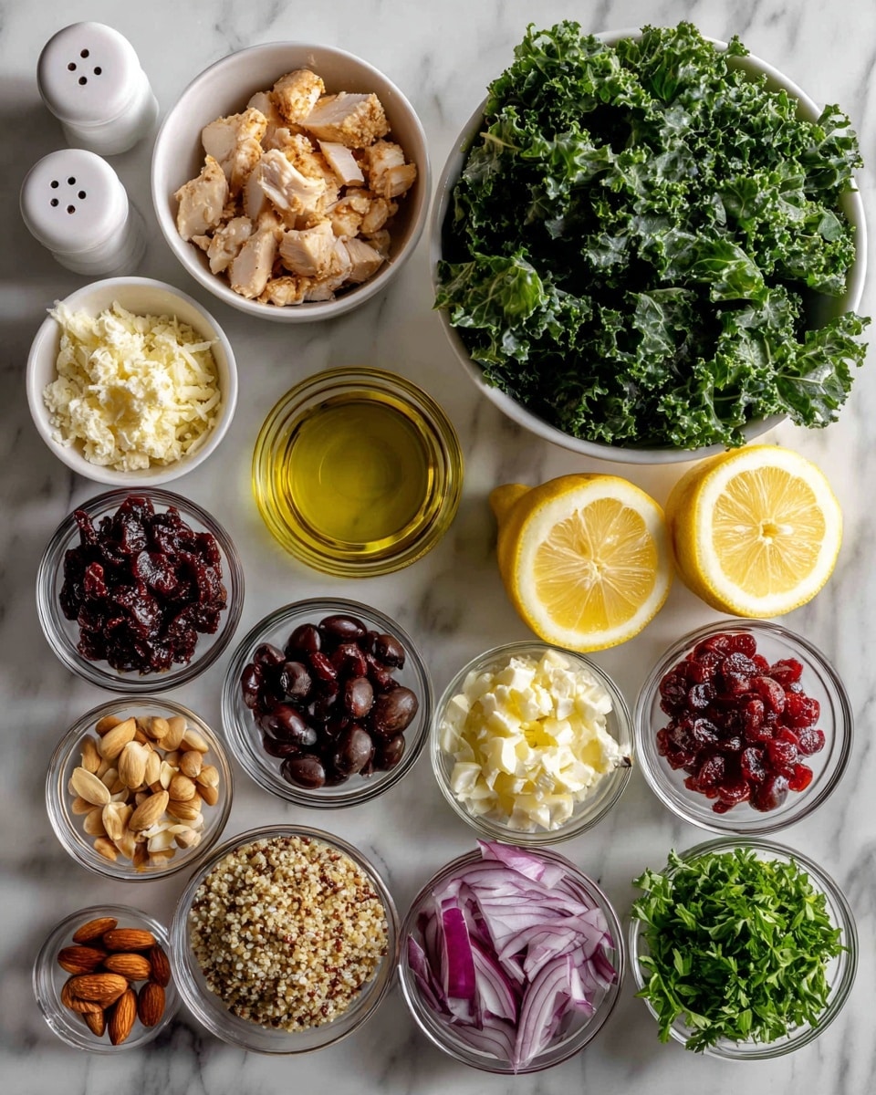 The image shows a variety of salad ingredients arranged neatly on a white marbled surface. There are two small white bowls, one filled with cooked chicken pieces and the other with crumbled cheese. Next to them is a small glass bowl of golden olive oil and another with light-colored vinegar. Fresh lemon halves with bright yellow skin rest nearby. A large white bowl is filled with dark green kale, and another bowl holds fresh parsley. Surrounding these are smaller glass bowls containing chopped red onion, halved red cherry tomatoes, dried cranberries, chopped almonds, cooked quinoa, and shredded purple cabbage. At the top left corner, two white salt and pepper shakers sit side by side. The colors range from deep greens and reds to light yellows and purples, all sharply detailed in natural light. photo taken with an iphone --ar 4:5 --v 7