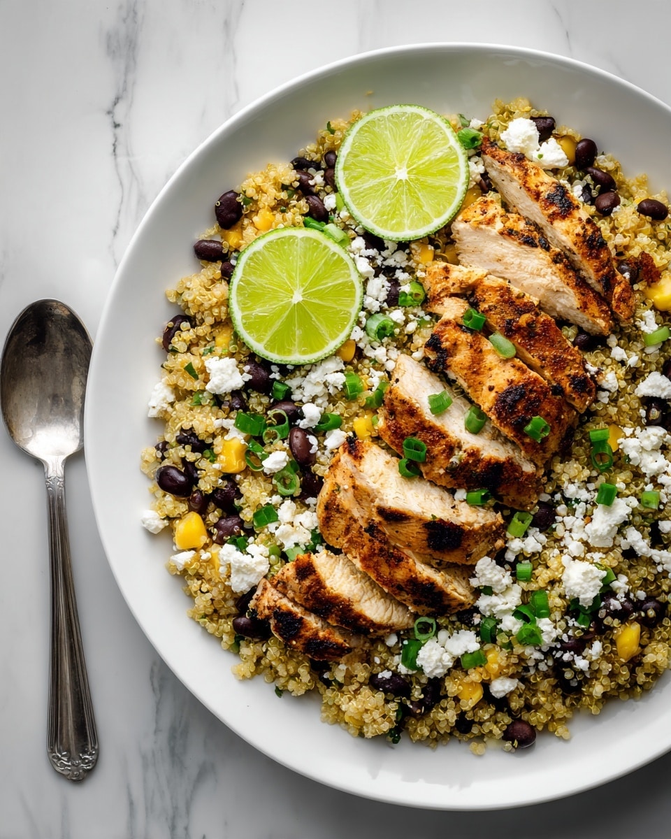 The image shows a white plate filled with a layered quinoa salad topped with grilled slices of golden brown chicken. The first layer consists of fluffy, light beige quinoa mixed with black beans and small yellow bell pepper pieces scattered throughout. On top, there are crumbled white cheese bits and bright green chopped scallions. Garnished with two vivid green lime wedges placed on the quinoa, the plate is presented on a white marbled surface. To the left of the plate is a metal spoon with a smooth, reflective texture. Photo taken with an iphone --ar 4:5 --v 7