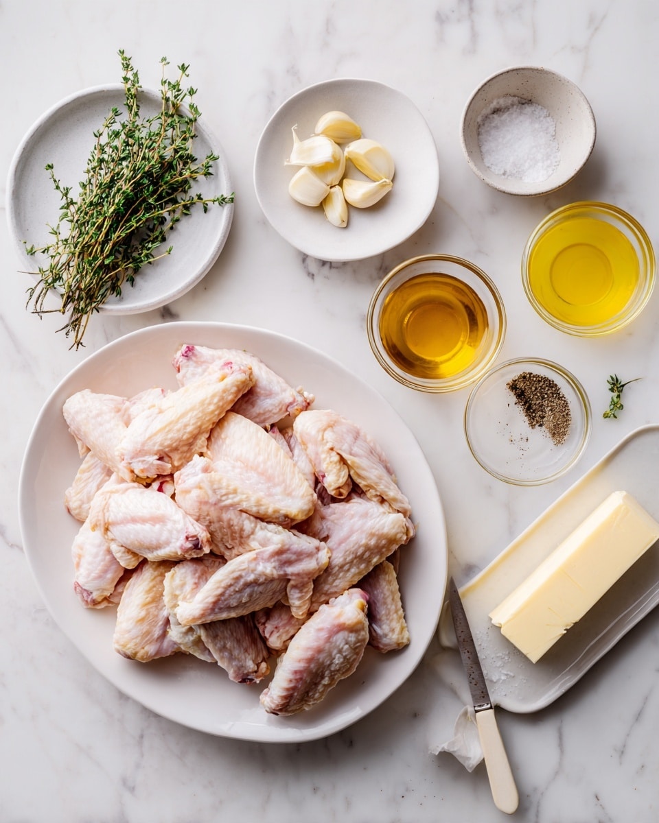 A white oval plate filled with raw chicken wings showing light pink skin, placed on a white marbled surface. To the right, three small clear glass bowls hold light yellow oil, brown broth, and several peeled garlic cloves. Above these are two small ceramic bowls with white salt and black pepper. On the left side, a small white round plate holds fresh green thyme sprigs. A rectangular white butter dish in front carries a stick of pale yellow butter with a small knife resting on it. A small glass bowl with light yellow lemon juice and a whole lemon sit near the butter dish. All items are neatly arranged, giving a clean, fresh look. photo taken with an iphone --ar 4:5 --v 7