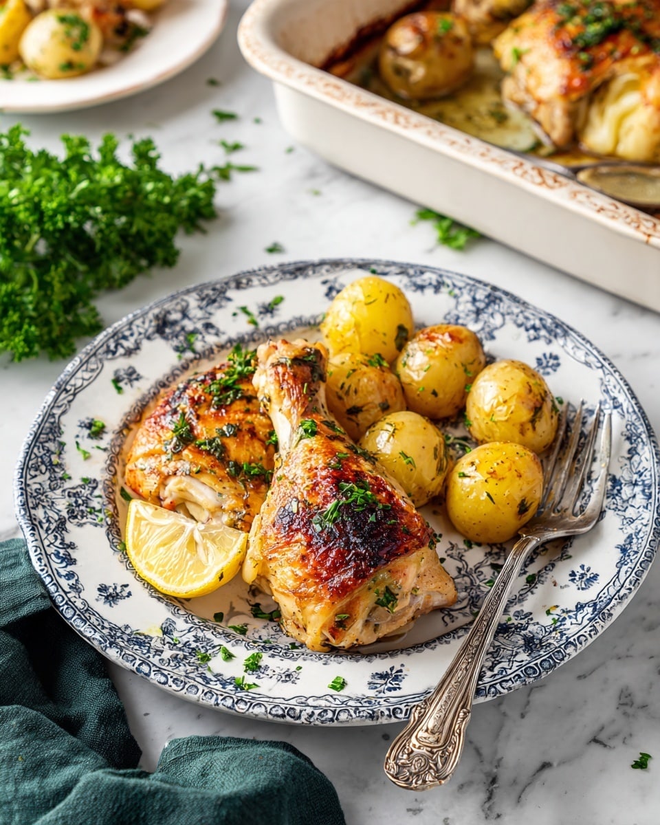 A white plate with a blue pattern holds two golden brown roasted chicken pieces sprinkled with green parsley on top. Next to the chicken, there are four yellow roasted baby potatoes with a textured skin and a single roasted garlic clove. A slice of lemon with green parsley rests on the side near a silver fork with an ornate handle placed to the right of the food. The plate sits on a white marbled surface with some scattered green parsley leaves and a dark green cloth napkin nearby. In the background, a ceramic baking dish shows more roasted chicken with potatoes, and part of another white plate with food is visible. Photo taken with an iphone --ar 4:5 --v 7