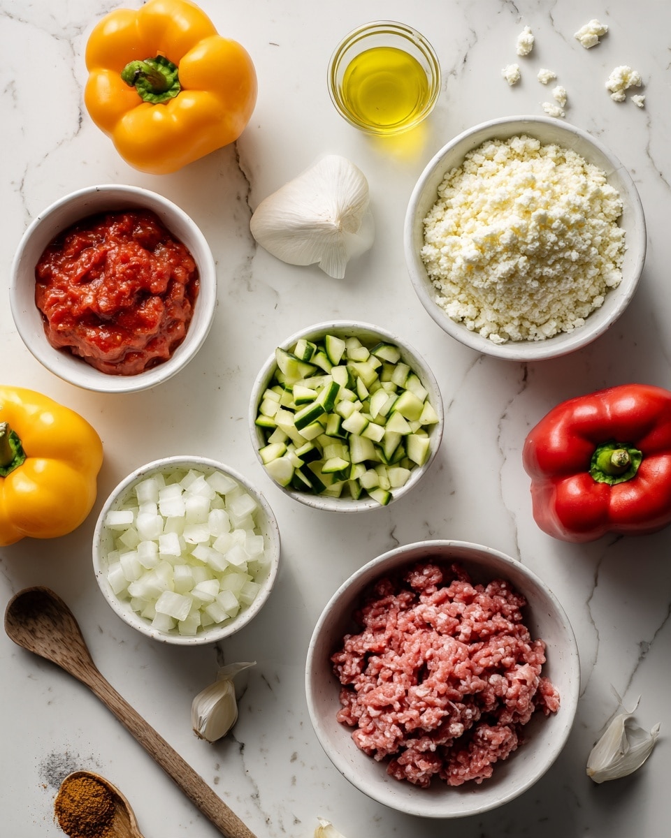 The image shows multiple white bowls arranged on a white marbled surface. There is one bowl with a light beige crumbly mixture, likely cheese, positioned to the top right. Next to it on the right side is a white bowl with raw ground meat, showing pinkish-red marbled texture. To the left side, there is a white bowl filled with diced white onions, sitting below a bowl of chopped green zucchini pieces. There is a small white bowl with red tomato pieces or sauce placed near the top left. A small glass container with yellow cooking oil is positioned above the zucchini bowl. Scattered around the bowls are three whole bell peppers in orange, yellow, and red colors. A small wooden spoon rests in a bowl with brown spices at the bottom left. The setting is neat, bright, and the colors of the fresh ingredients pop against the white marbled background. photo taken with an iphone --ar 4:5 --v 7