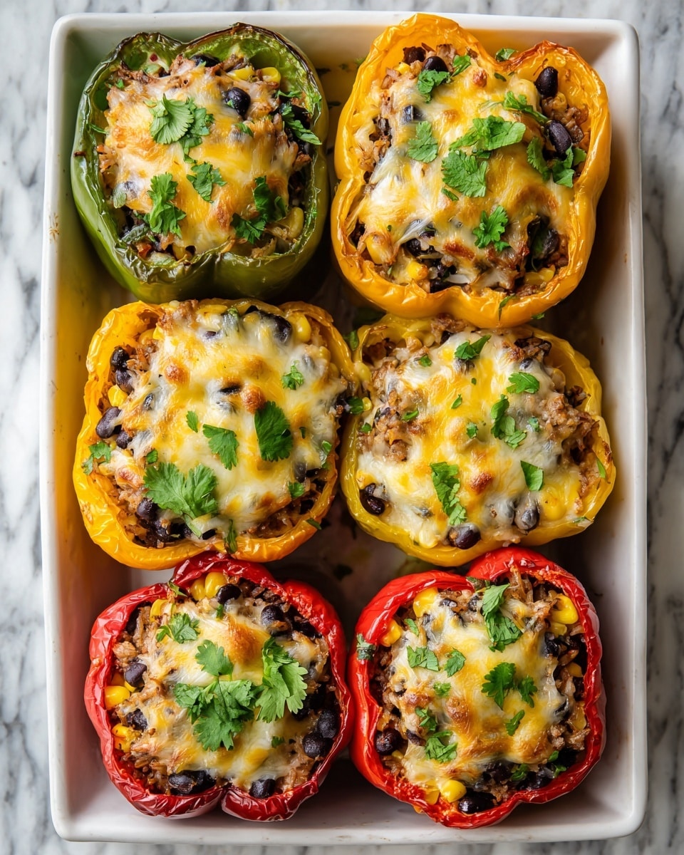 A white dish holds six stuffed bell pepper halves, arranged in two rows. The peppers come in three colors: green, yellow, and red. Each pepper half is filled with a mix of rice, black beans, corn, and small pieces of cooked meat, all topped with melted yellow cheese that looks creamy and slightly browned in spots. Fresh green cilantro leaves are scattered over the cheese for garnish. The peppers' skin is smooth and vibrant, contrasting with the textured filling inside. The dish is placed on a white marbled surface. Photo taken with an iphone --ar 4:5 --v 7
