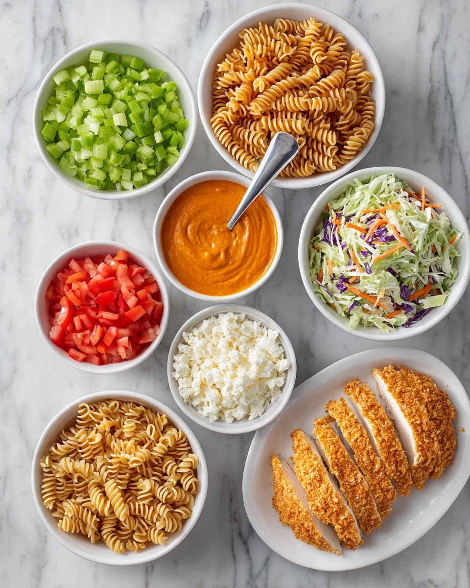 The image shows eight white bowls and a white plate arranged on a white marbled surface. The top bowls contain chopped green celery, cooked rotini pasta in light brown color, and shredded coleslaw mix with green, white, and purple strands mixed with orange carrot pieces. Below, there is a bowl with a smooth orange sauce with a spoon inside, and next to that, a small bowl with crumbly white cheese. Further bowls hold chopped red tomato and chopped green onions. The white plate at the bottom right has two sliced crispy golden brown pieces of breaded chicken. photo taken with an iphone --ar 4:5 --v 7