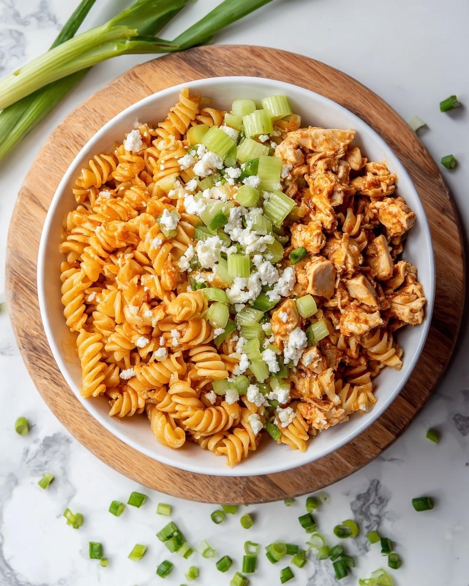 A white bowl filled with three layers of food: the bottom layer is spiral pasta coated in an orange sauce, the middle layer has chunks of light brown cooked chicken and small pieces of bright green celery, and the top layer is sprinkled with white crumbled cheese and chopped green onions. The bowl sits on a round wooden board placed on a white marbled surface with scattered green onion pieces around. Photo taken with an iphone --ar 4:5 --v 7
