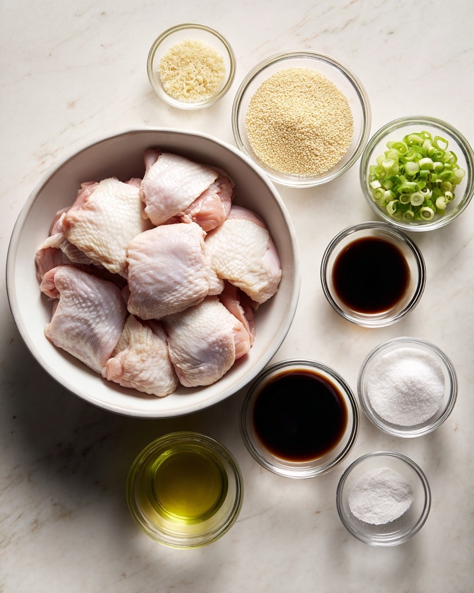 The image shows a white bowl filled with raw chicken thighs with skin on, placed on a white marbled surface. Around the bowl are eight small clear glass bowls, each holding different ingredients: light yellow minced ginger, white sesame seeds, light brown liquid (probably oil), dark brown soy sauce, green sliced scallions, minced garlic, white powder (likely cornstarch), and white granulated sugar. The arrangement forms a neat grid with the chicken bowl as the focal point on the left side and the clear bowls spread out to the right and below. The lighting is soft and natural, highlighting the colors and textures of each ingredient. photo taken with an iphone --ar 4:5 --v 7