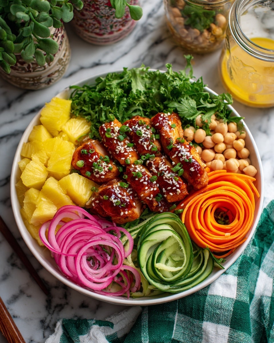 A white bowl filled with several colorful layers arranged in sections. In the center, there are small pieces of glazed chicken topped with sesame seeds and green herbs. Around the chicken, there are bright yellow pineapple chunks, orange carrot spirals, sliced green cucumbers, light pink pickled onions, pale beige chickpeas, and fresh green leaves. The bowl is on a white marbled surface with a green checkered cloth and decorative jars and a plant in the background. photo taken with an iphone --ar 4:5 --v 7