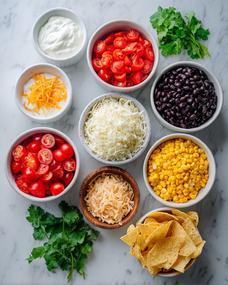The image shows several small white bowls and a small wooden bowl arranged on a white marbled surface. There are seven bowls total, each filled with different ingredients: bright red cherry tomato halves in one bowl, yellow corn kernels in another, dark black beans, two kinds of shredded cheese - one white with small red pepper pieces and one orange, a bowl with light brown salsa, a bowl of pale sour cream, and a bowl filled with light, crispy chips. Fresh green cilantro leaves are scattered around the bowls on the white marbled surface. The colors are vibrant and the bowls are neatly spaced. Photo taken with an iphone --ar 4:5 --v 7