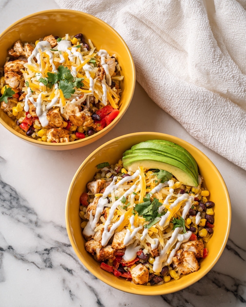 Two yellow bowls sit on a white marbled surface with a white cloth underneath. Inside each bowl is a layered dish starting with cooked corn and black beans mixed with red bell pepper pieces. On top, there are light brown pieces of cooked chicken, sprinkled with shredded yellow and white cheese. Two thin white sauce lines run across the chicken, and bright green cilantro leaves are placed on top in the center. A slice of green avocado rests on the side of the front bowl. Photo taken with an iphone --ar 4:5 --v 7