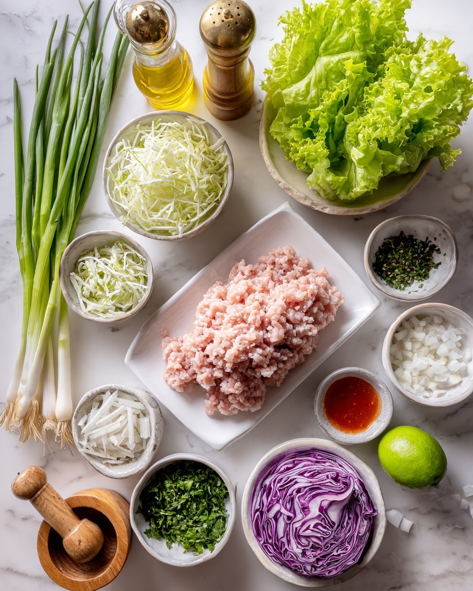 The image shows several small white square and round dishes arranged neatly on a white marbled surface, each holding different ingredients. There is a white rectangular plate in the center with a pile of raw ground meat that is pale pink. To the right of the meat, a cluster of fresh green lettuce leaves is placed. Around these main items are small bowls filled with chopped green herbs, finely shredded white and purple cabbage, minced garlic, finely chopped white onions, and a bright red liquid sauce. A green lime half is also on the surface near a wooden citrus juicer. A bottle of olive oil, along with salt and black pepper grinders with golden tops, sit nearby. Several long spring onions rest on the left side. The colors of the ingredients contrast vividly with the clean white background. photo taken with an iphone --ar 4:5 --v 7