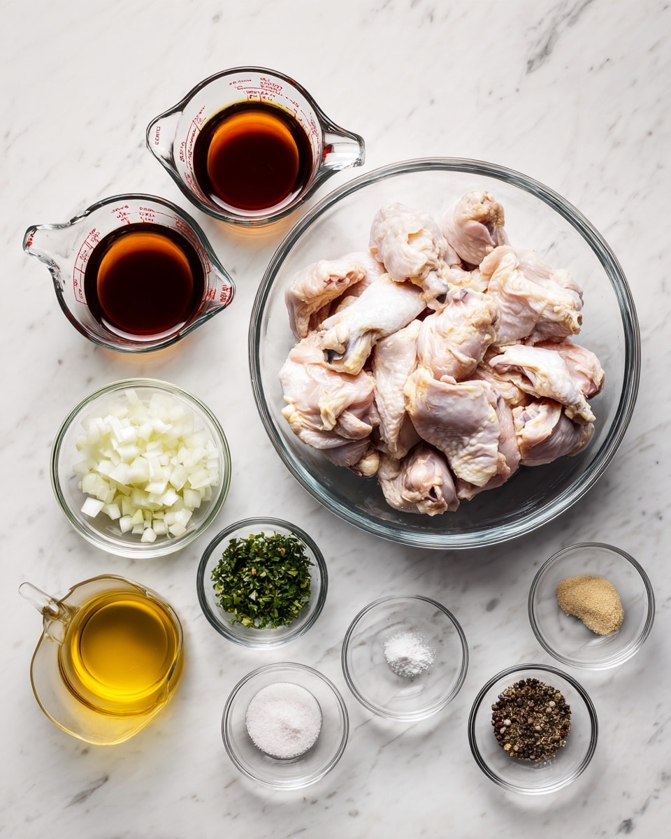 The image shows a clear glass bowl on the right filled with several pieces of raw chicken with pale pink and off-white skin layered loosely. To the left, there are two glass measuring cups with dark brown and reddish-brown liquids, placed one above the other. Below them is a small bowl with chopped white onions and another bowl containing chopped light green herbs. Near the bottom of the image, there is a small glass container with golden yellow oil. To the right of these, there are small clear glass bowls with minced garlic, black pepper, white salt, and two pale colored powders arranged neatly in a row. The whole setup is on a white marbled surface. Photo taken with an iphone --ar 4:5 --v 7