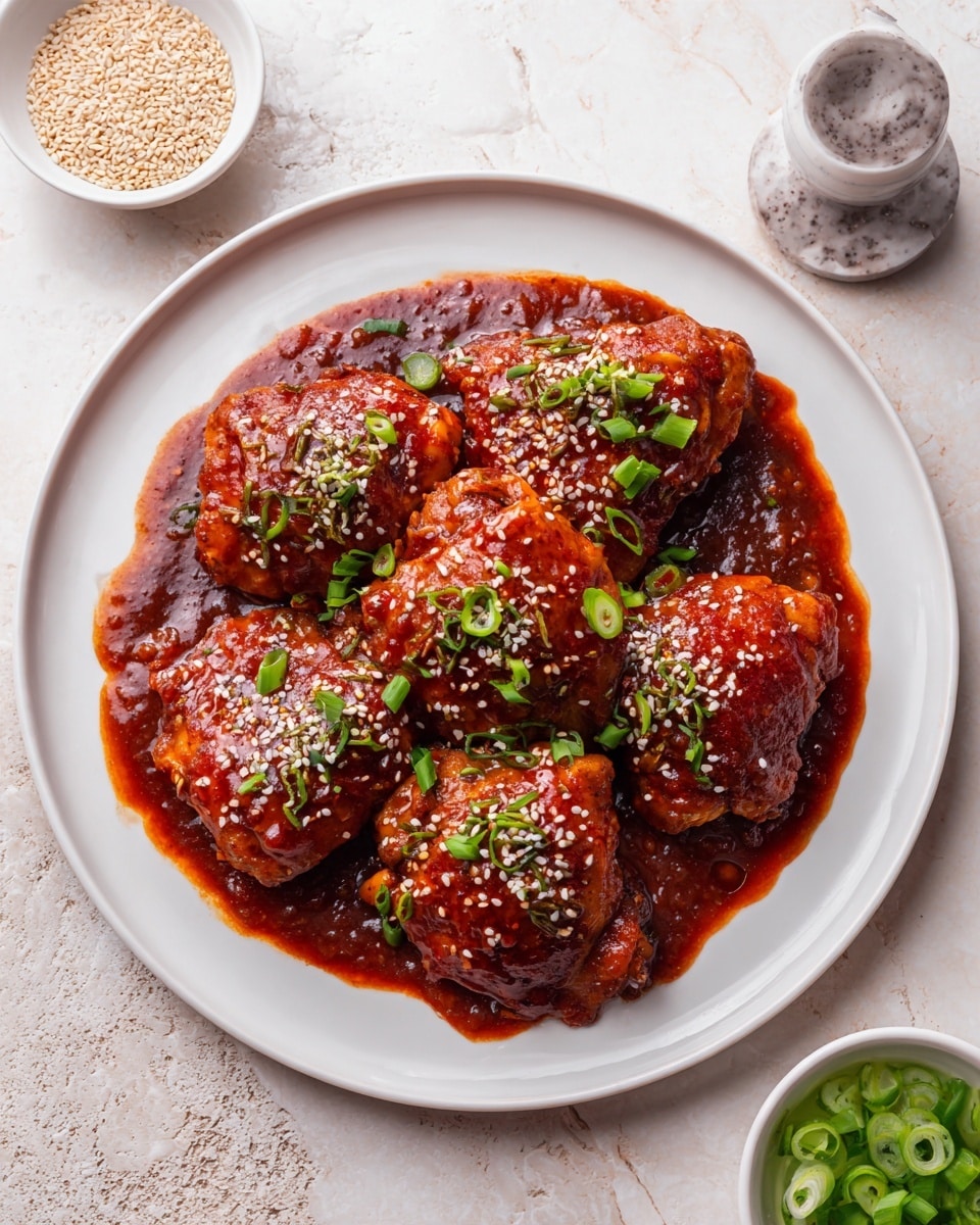 The image shows a white round plate with six pieces of chicken thighs covered in a thick, shiny reddish-brown sauce. The sauce pools around the chicken in the plate’s center. The chicken pieces are sprinkled with white sesame seeds and small green onion slices, adding a fresh contrast. Around the plate, there are small white bowls on a white marbled texture; one bowl holds more sesame seeds, and another contains sliced green onions. The overall look is rich with glossy textures and vibrant colors. photo taken with an iphone --ar 4:5 --v 7