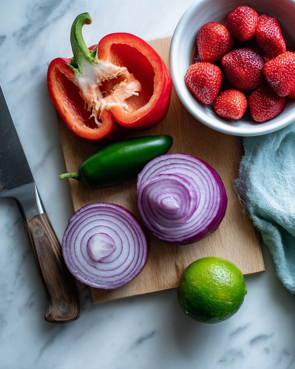 The image shows a wooden board on a white marbled surface with fresh vegetables arranged on it. There is a red bell pepper, one half showing the seeds inside, a whole jalapeño pepper, and two slices of purple onion with clear ring patterns. Next to the board, there is a white bowl filled with bright red strawberries, and a green lime is placed on the marbled surface near the bottom right corner. A knife rests on the left edge of the board, and a woman's hand is not visible but implied to be nearby for cutting. The whole setup is bright, fresh, and clean, with a light blue cloth partially seen near the bowl. photo taken with an iphone --ar 4:5 --v 7