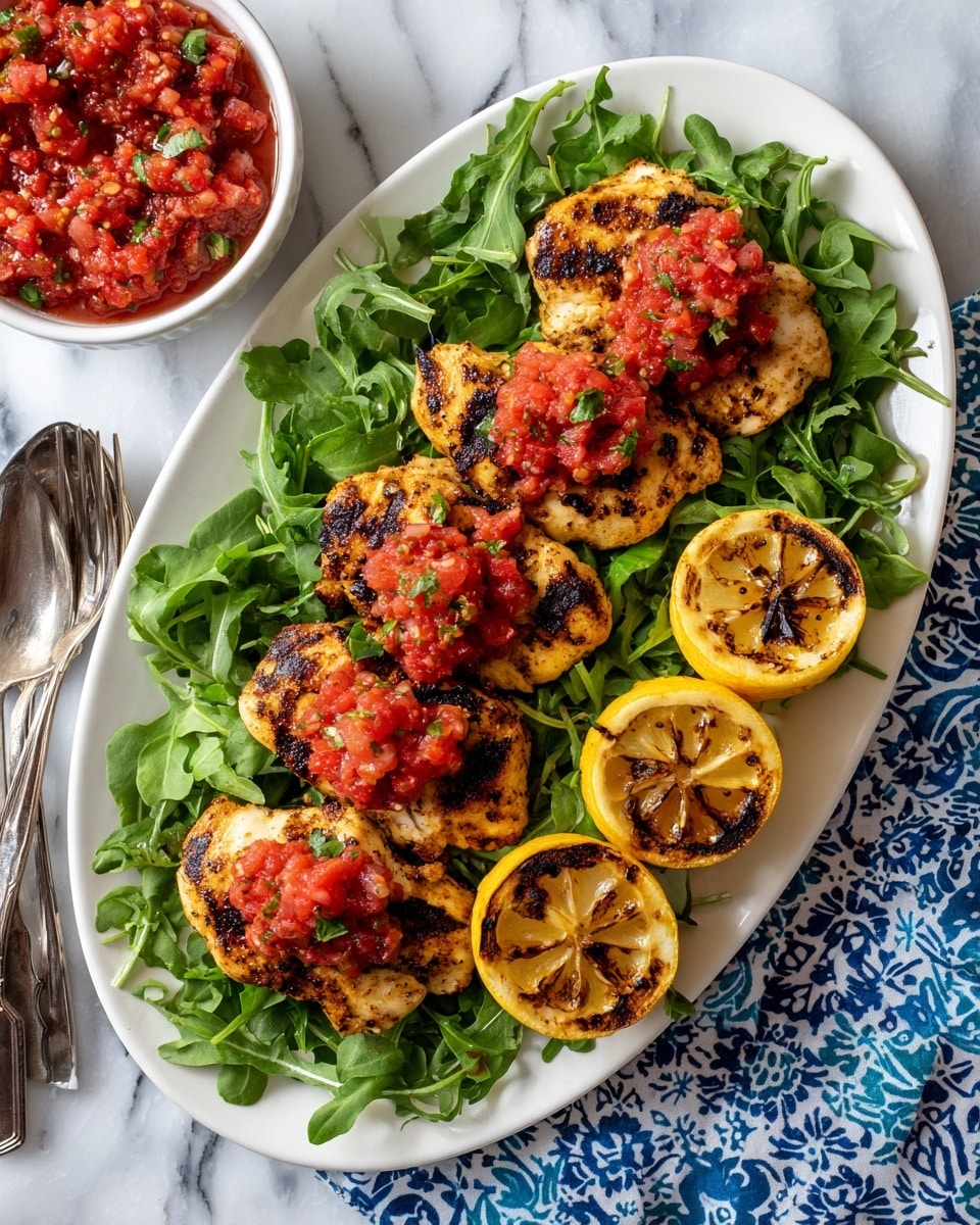The dish shows a white oval plate filled with fresh green arugula leaves forming the base layer. On top, there are five grilled chicken pieces arranged in a line, each with golden brown grill marks and a slightly charred texture. Each piece is topped with a chunky red salsa made of small diced tomatoes arranged evenly. To the right side of the plate, there are three halves of grilled lemons placed vertically, with visible charred lines. In the upper left corner, there is a small white bowl filled with more red salsa. The plate rests on a white marbled surface with a blue and white patterned cloth partially underneath. A silver fork and spoon are placed on the left side of the plate next to the arugula. Photo taken with an iphone --ar 4:5 --v 7