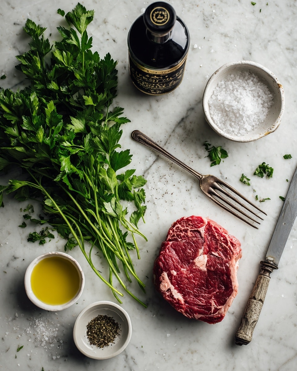 A fresh piece of raw red steak with white fat marbling lies on the right side of a white marbled surface, next to a silver knife pointing toward it. To the left of the steak, there is a bunch of green parsley with full leaves spread out across the surface. Near the center, an old two-pronged meat fork with a dark, worn handle is placed among the parsley. Above the parsley, a white bowl holds coarse salt with a small ceramic spoon inside. Below the bowl of salt, there is a tall bottle with dark liquid and a black label with gold text. At the bottom left corner, two small white bowls contain yellow olive oil and ground black pepper. The overall setting is clean and rustic with natural colors. Photo taken with an iphone --ar 4:5 --v 7
